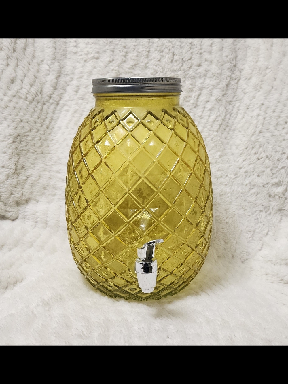 Yellow Diamond-Pattern Glass Beverage Dispenser with Silver Spigot